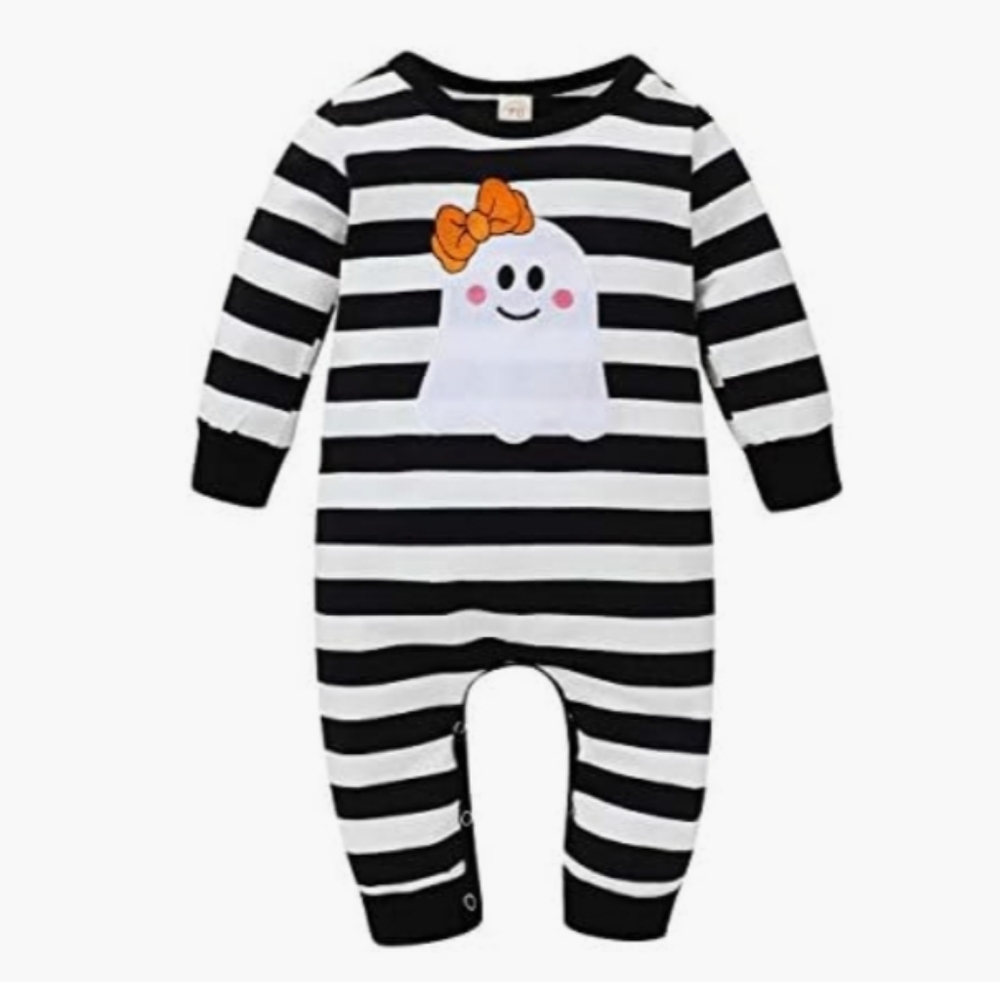 Younger Tree 6-12 Mo. Black & White Striped Ghost One-Piece with Orange Bow